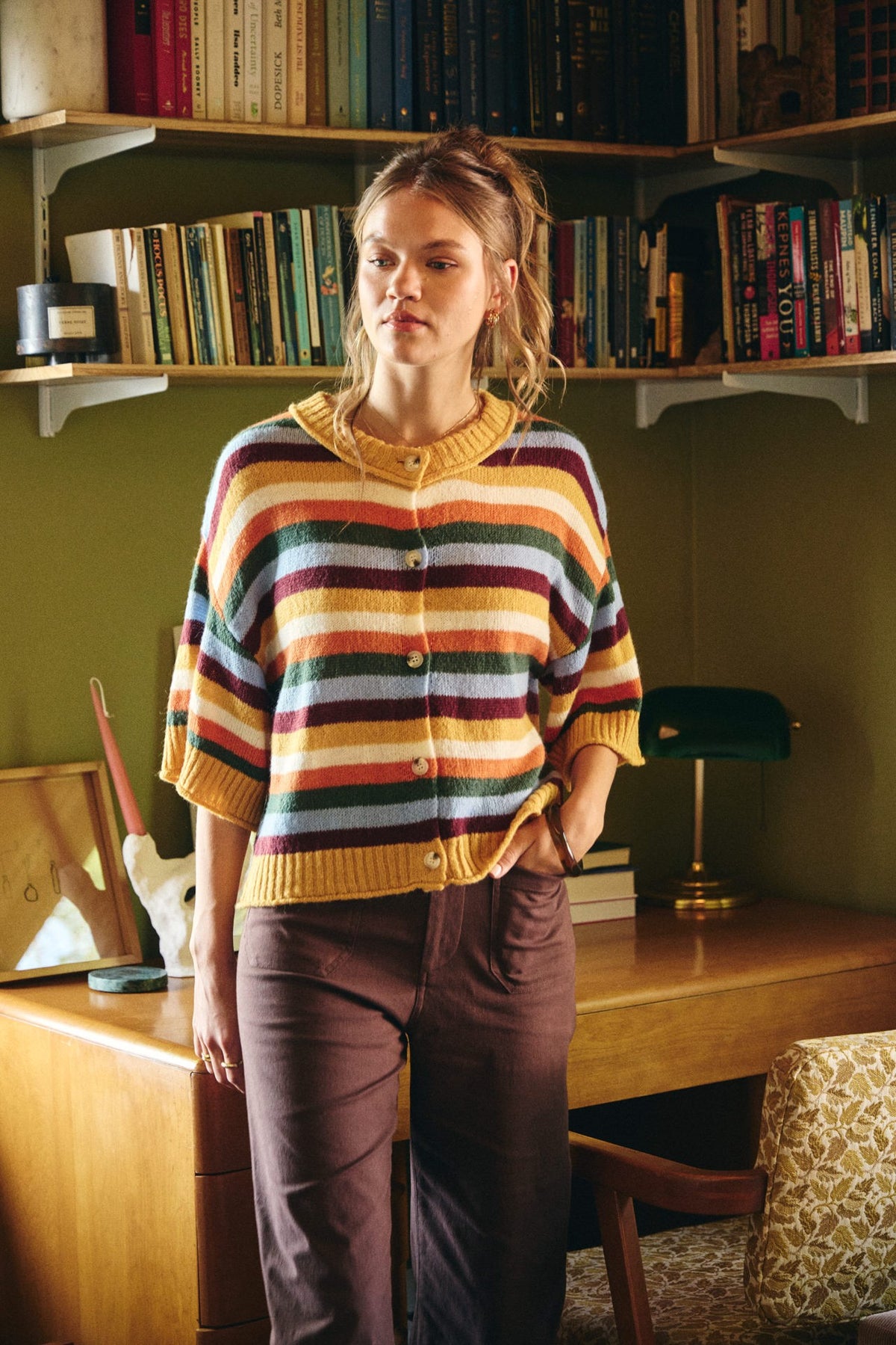 Maple Street Multi Stripe Half Sleeve Cardigan Mustard Multi