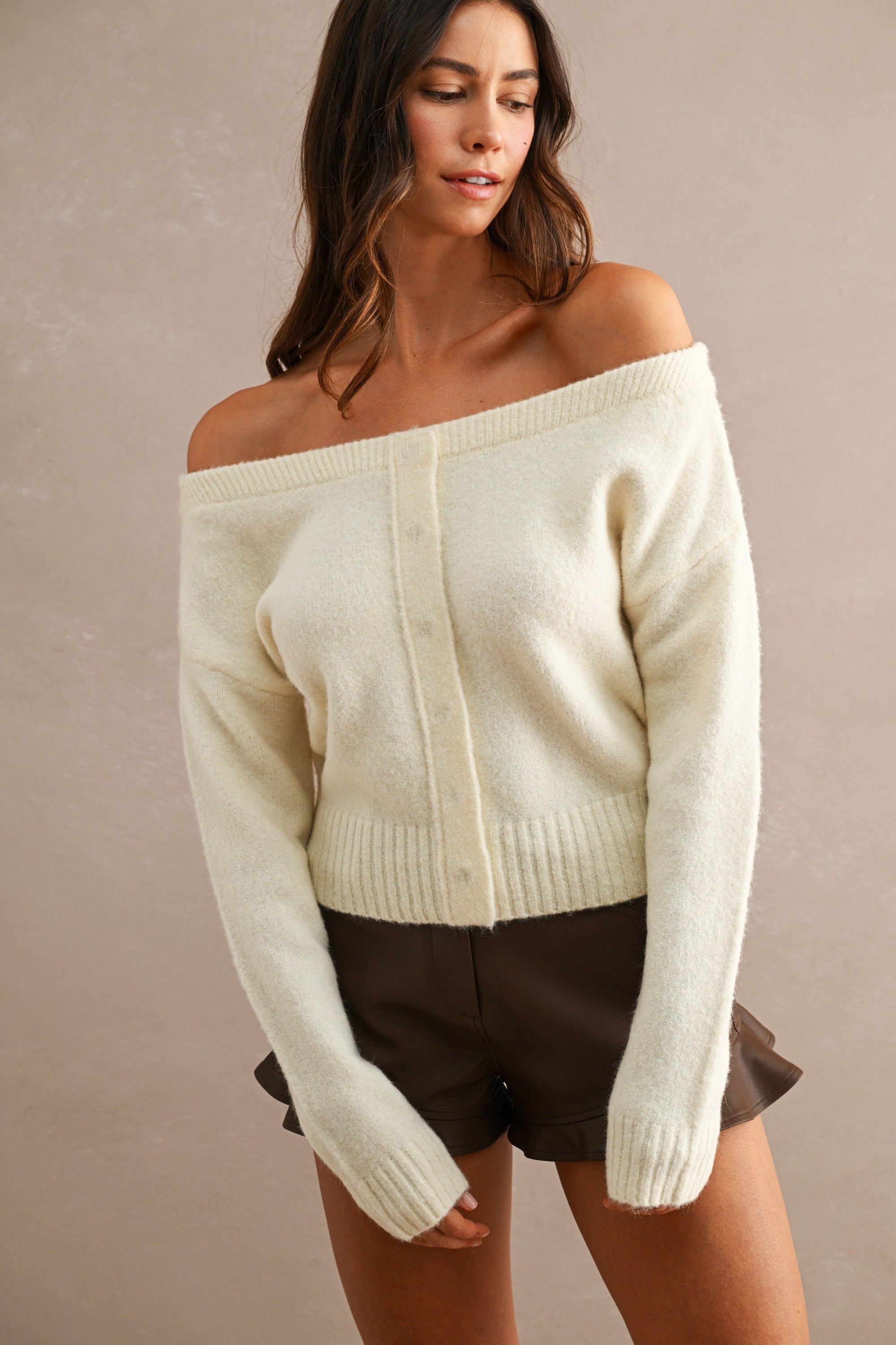Off Shoulder Cropped Button Sweater Cardi Cream