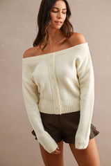 Off Shoulder Cropped Button Sweater Cardi Cream