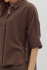 Solid 3/4 Cuff Sleeve Printed Trim Top Brown