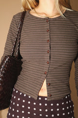Ribbed Button Front Fine Stripe Top Chocolate