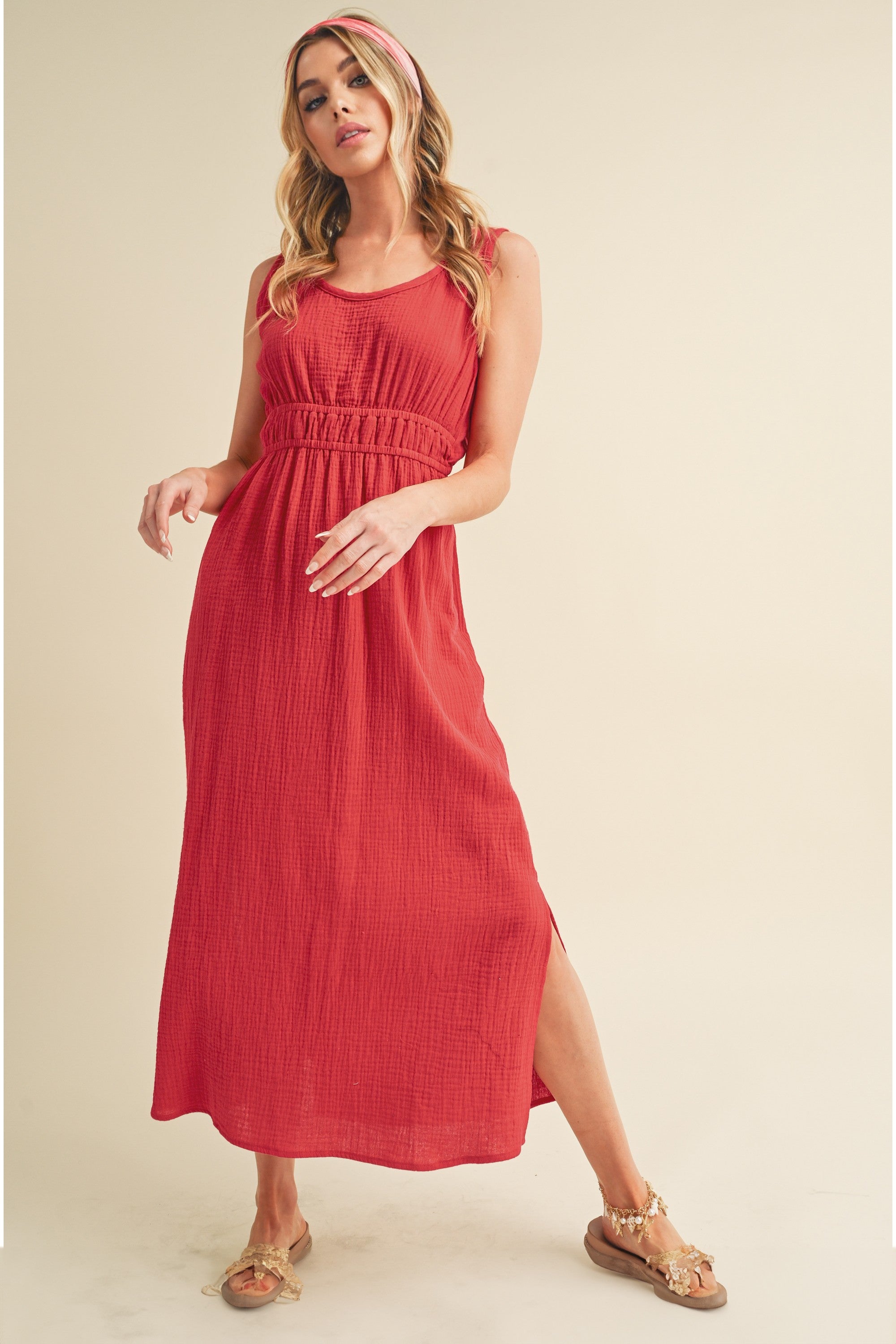 Darci Gauzy Cotton Open Back Midi Dress Red