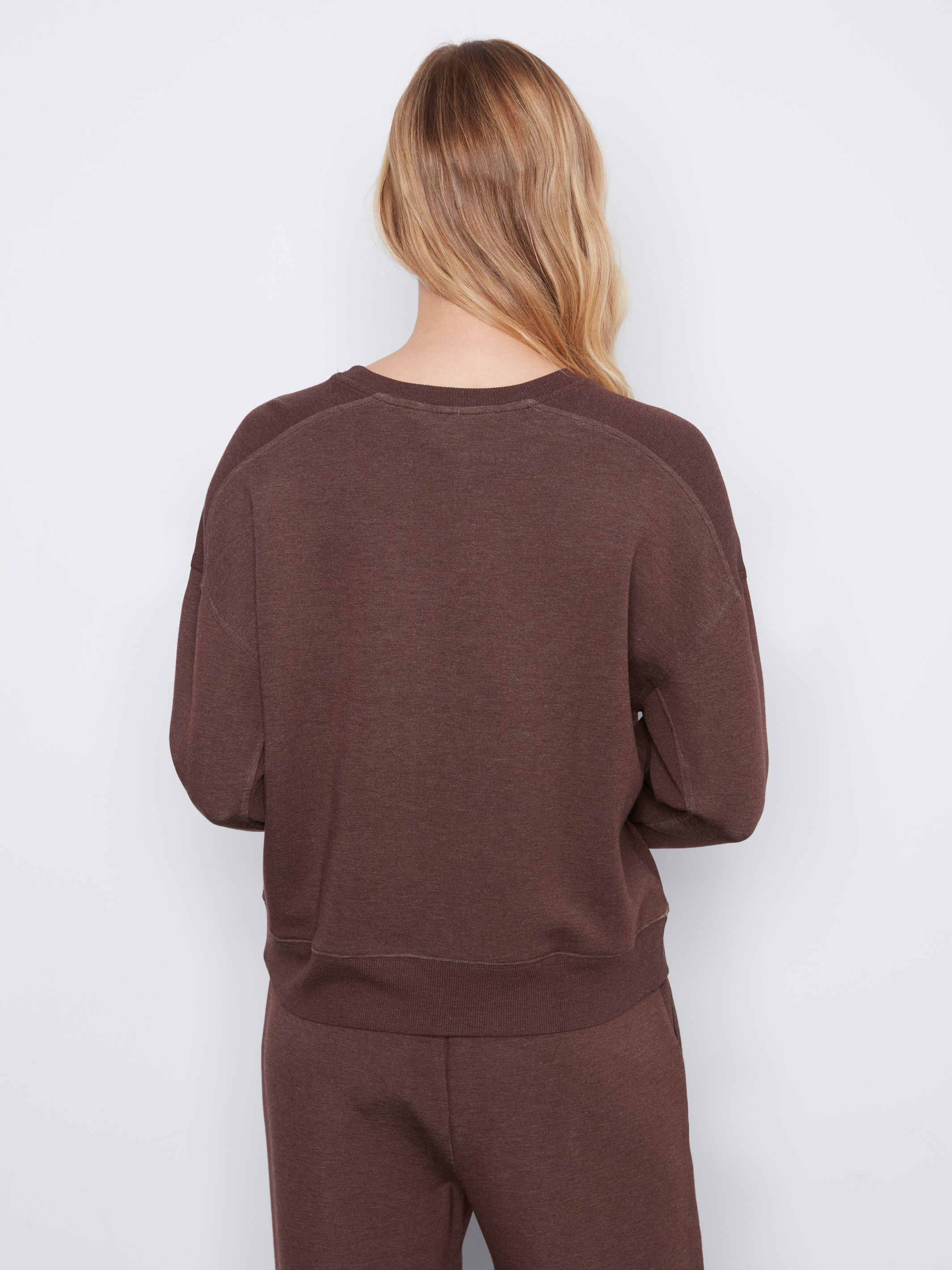 Soft Scuba Panel Crew Neck Long Sleeve Top Heather Espresso