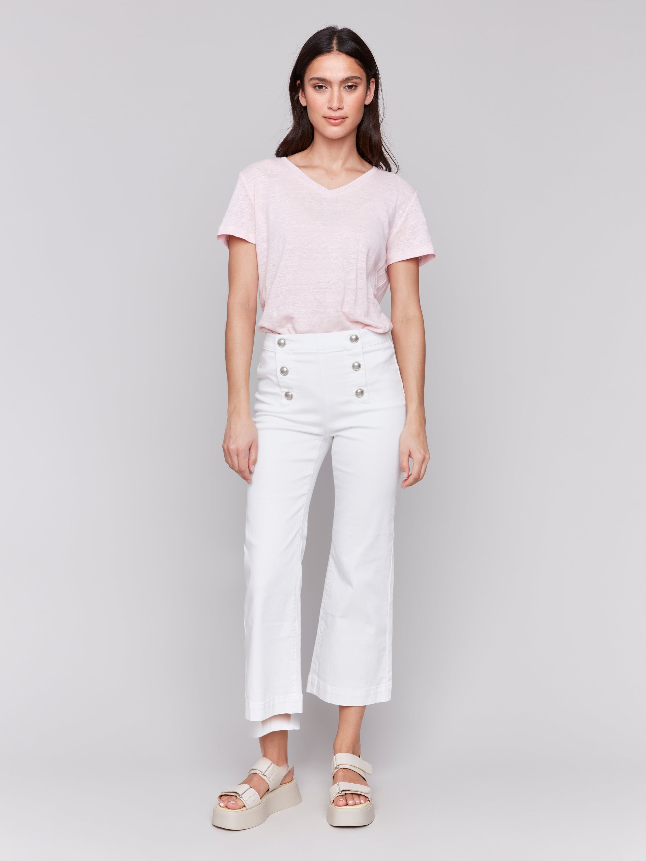 Front Button Pull On Flare Pants White