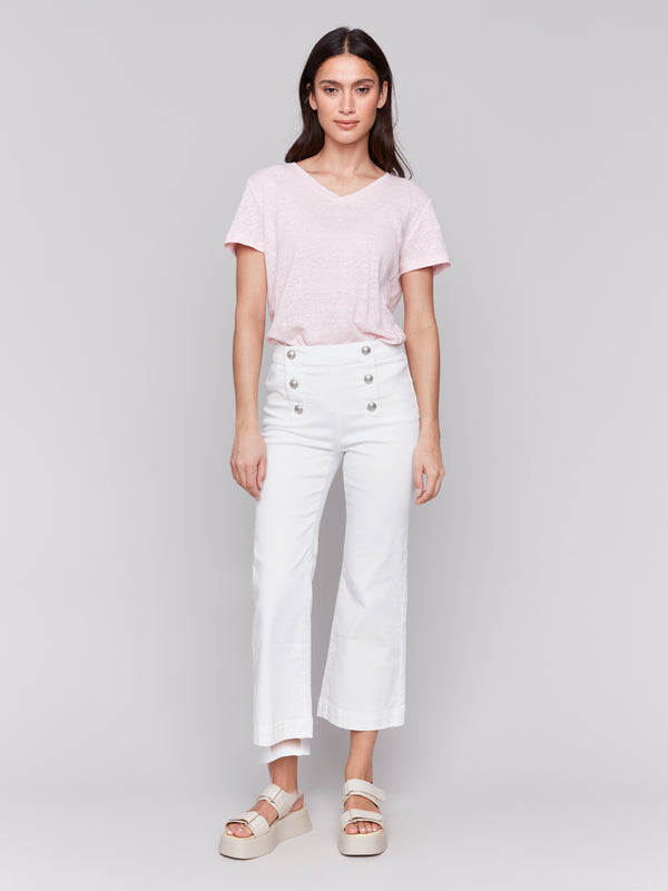 Front Button Pull On Flare Pants White