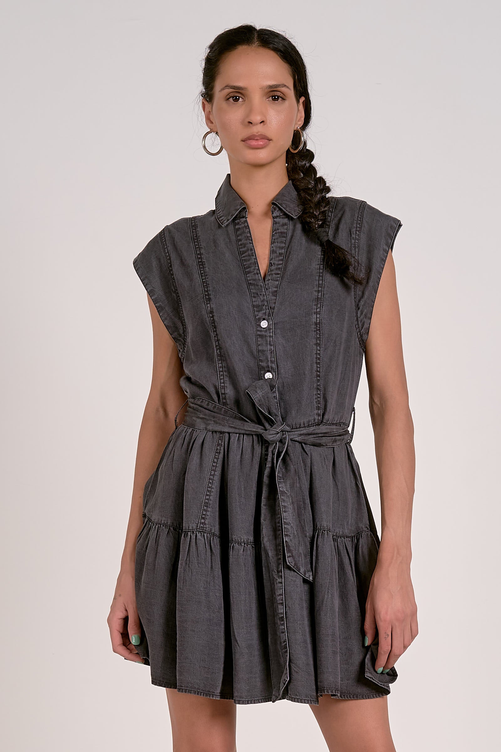 Belted Sleeveless Collared Button Down Dress Grey
