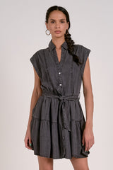 Belted Sleeveless Collared Button Down Dress Grey