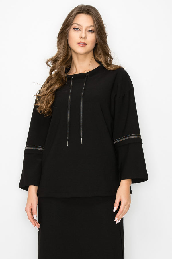 Kayla Beaded Trim Cowl Drawstring Top Black