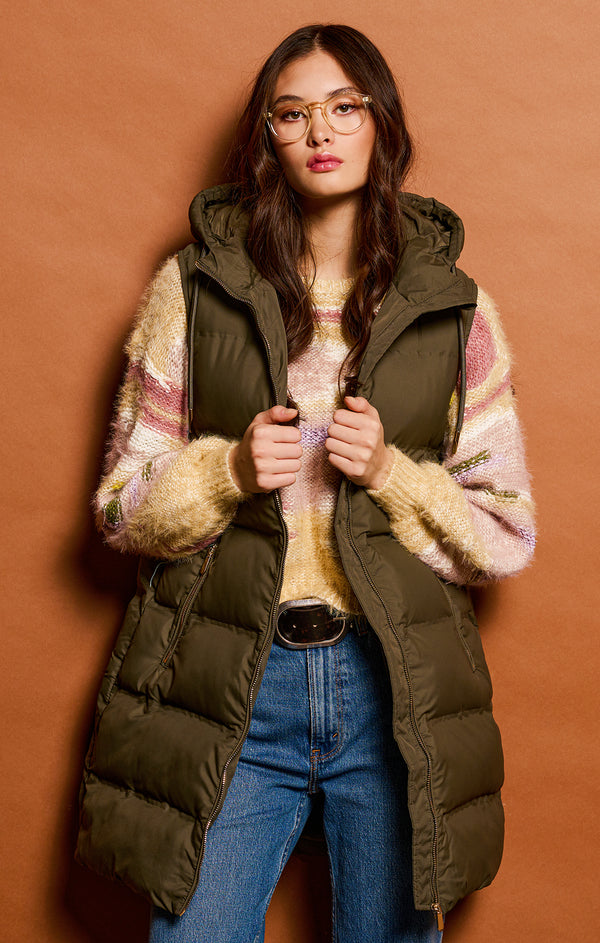 Midlength Hooded Puffer Vest Army Green