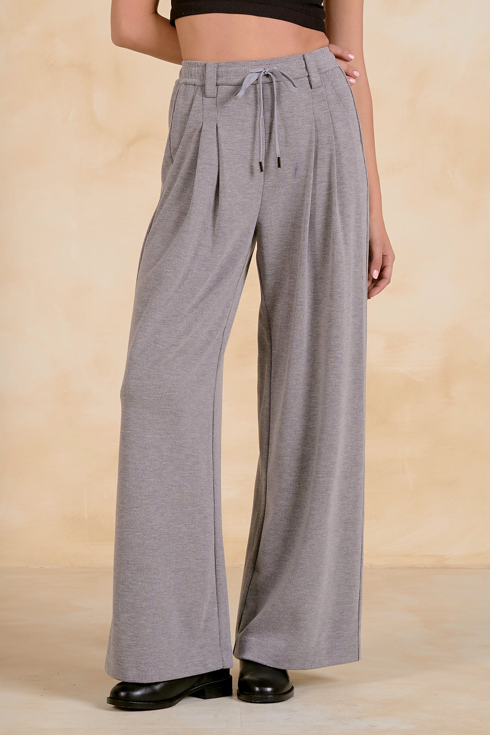 Tie Waist Pleated Detail Wide Leg Pants Dark Grey