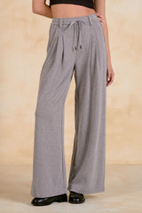 Tie Waist Pleated Detail Wide Leg Pants Dark Grey