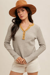 Raw Edge Distressed Washed Thermal Henley Heather Grey