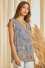 Emb. Border Floral Paisleys Flutter Sleeve Top Navy Multi