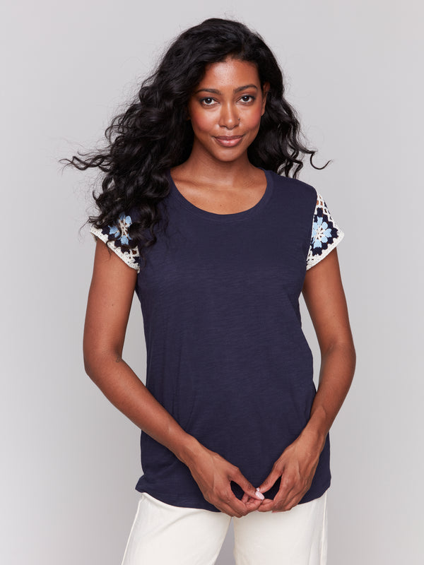 Crochet Cap Sleeve TShirt Navy