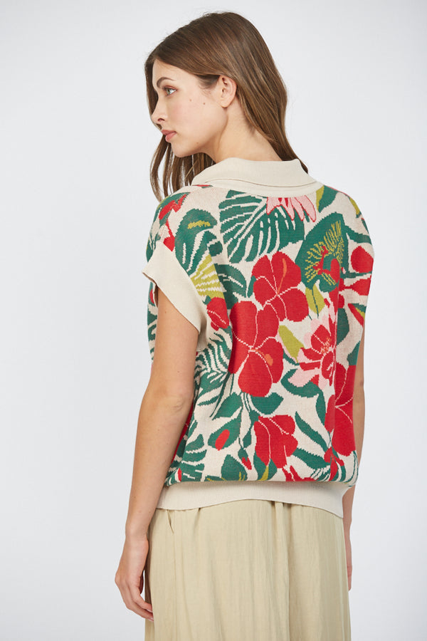 Floral Jacquard Knit Collared Split Neck Sweater Top Ecru