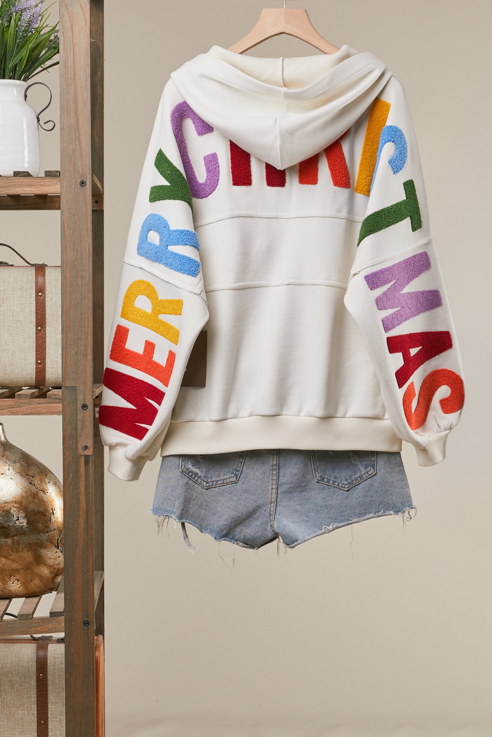 Textured Lettering HoHoHo Zip Up Hoodie Ivory