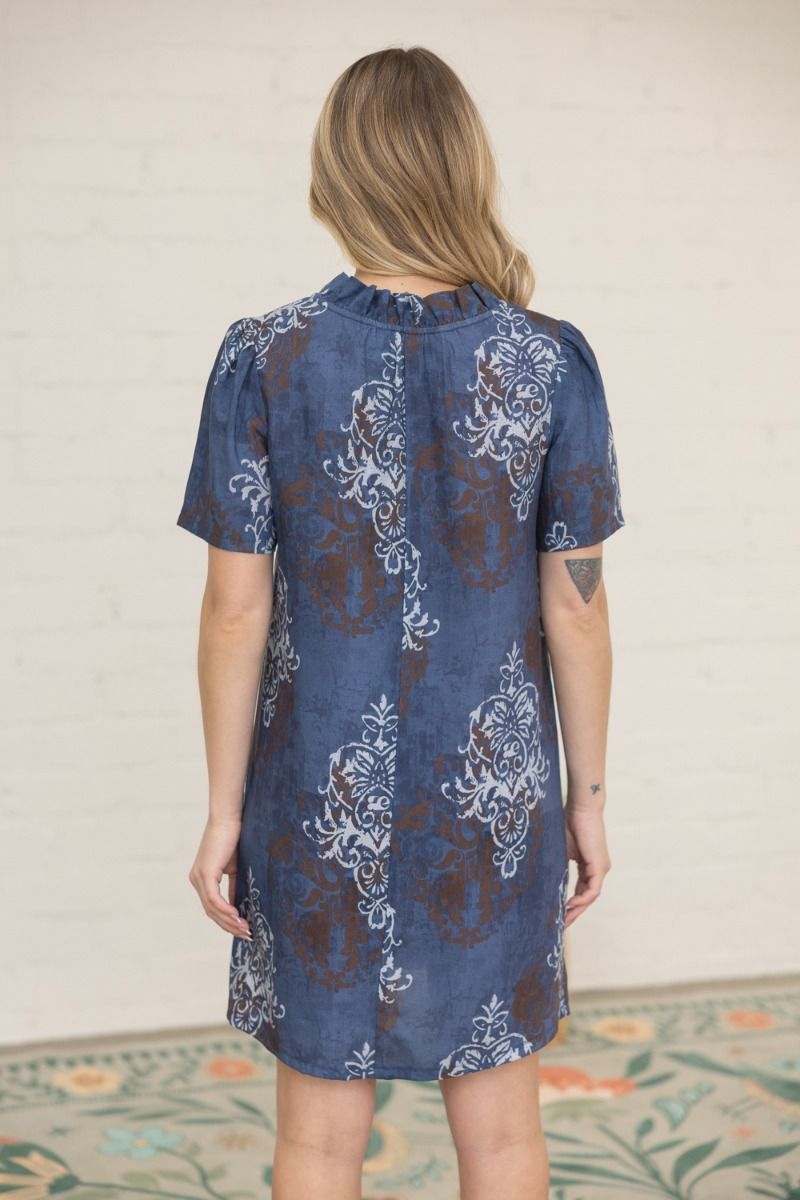 Fleur De Lis Ruffled Shift Dress Navy