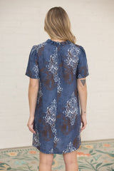 Fleur De Lis Ruffled Shift Dress Navy