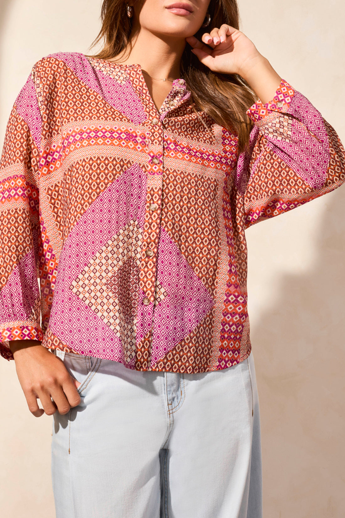 Printed Dolman Sleeve Button Down Blouse Passion Fruit