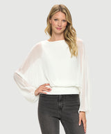 Chiffon Batwing Back Tie Banded Waist Top Ivory