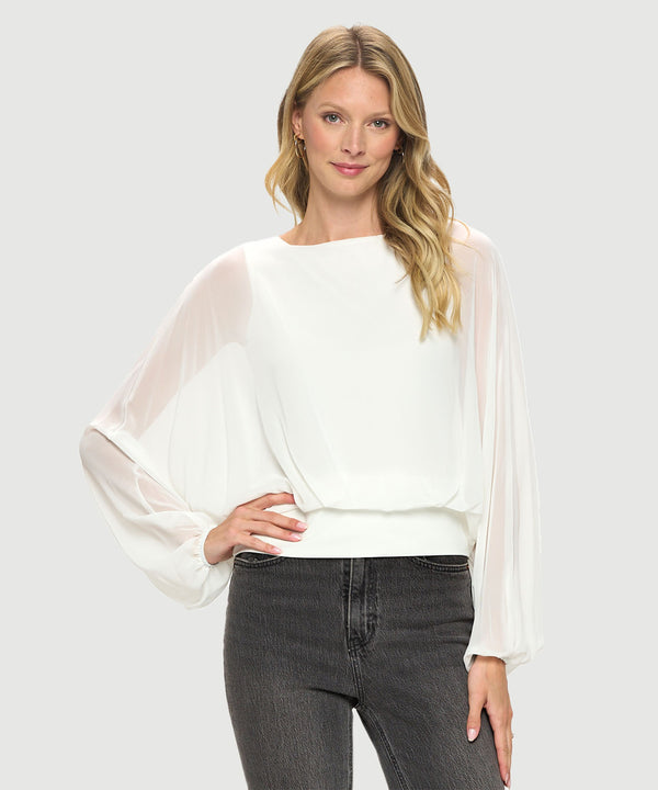 Chiffon Batwing Back Tie Banded Waist Top Ivory