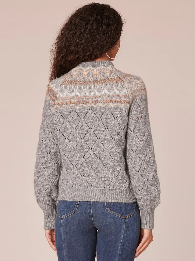 Fair Isle Yoke Pointelle High Neck Sweater Heather Grey + Brown