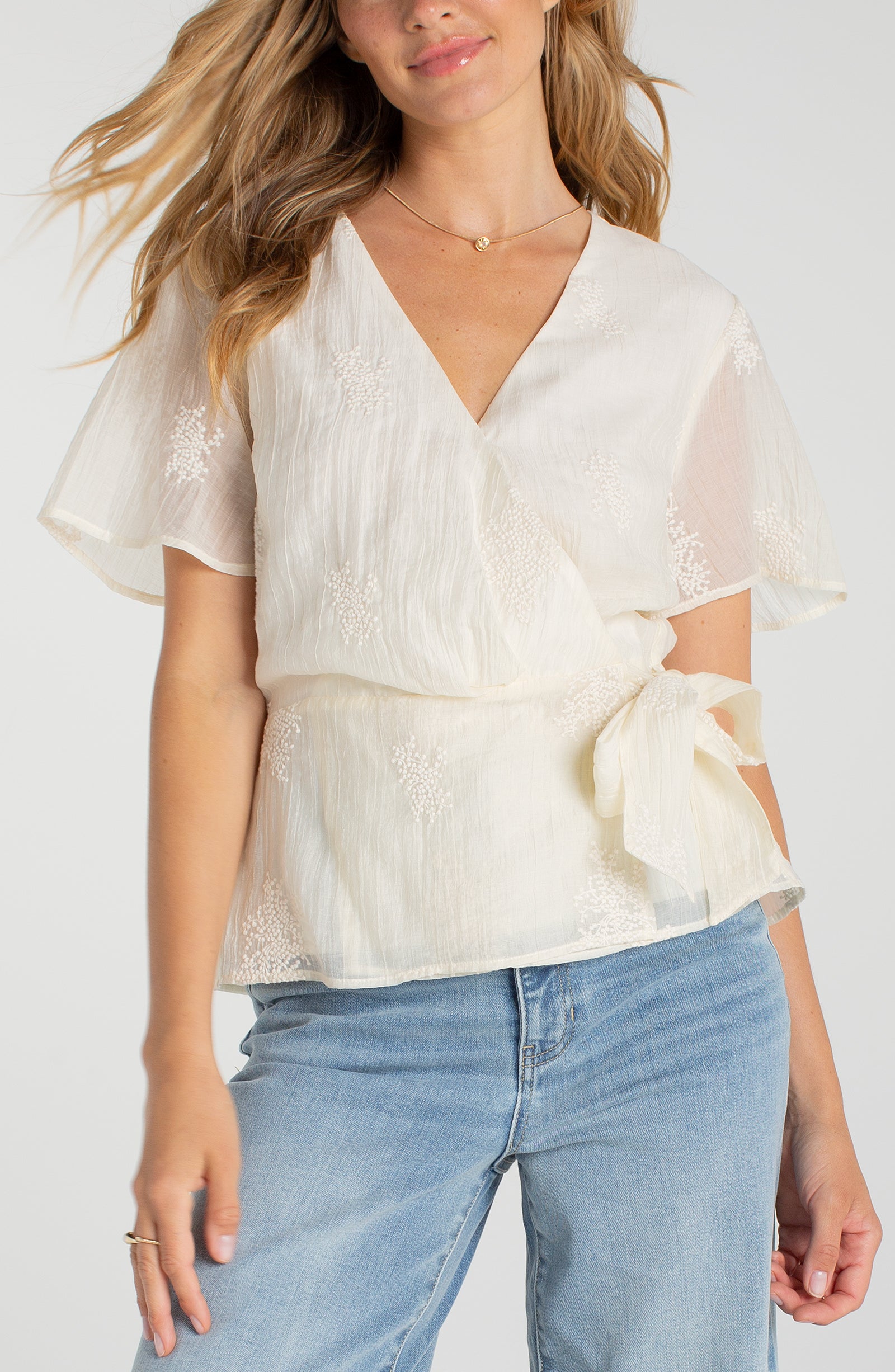 Wrap Front Side Tie Short Sleeve Top Cream