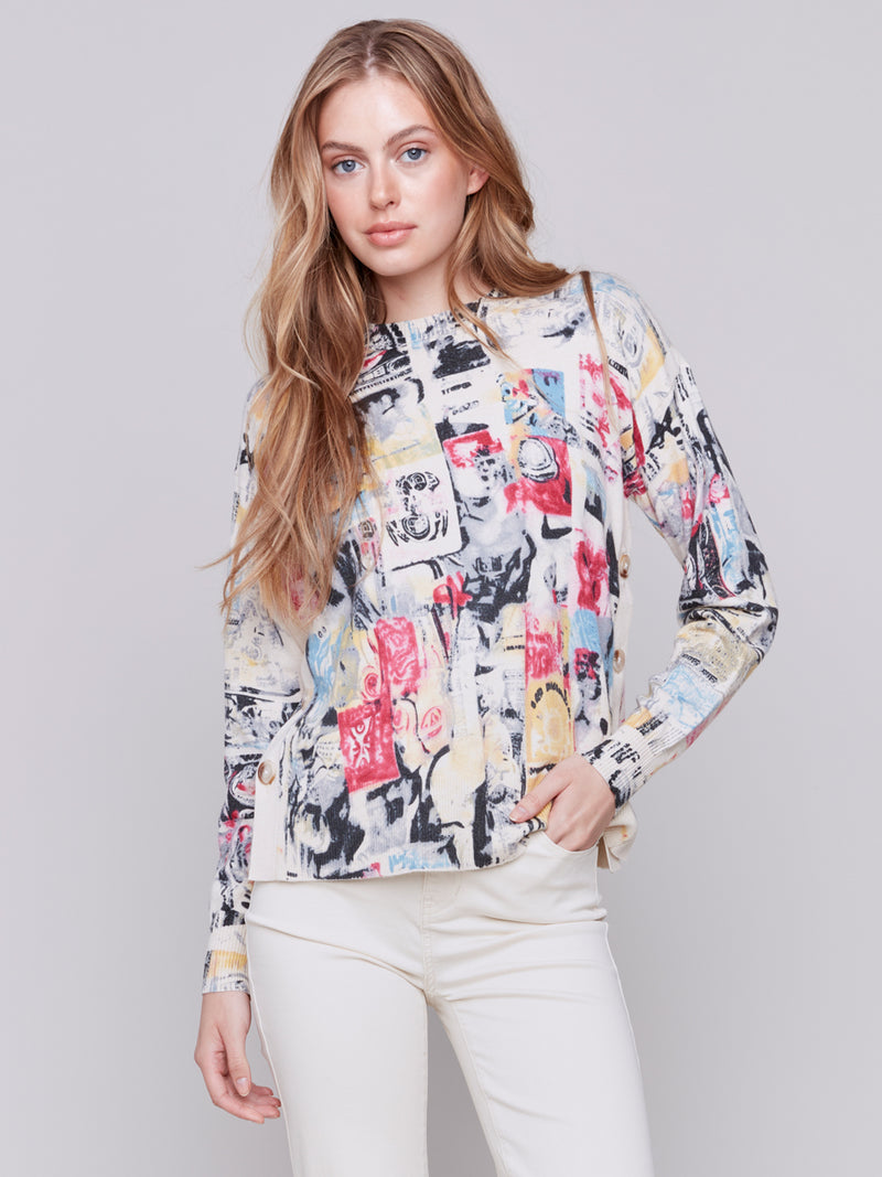 Side Button Printed Sweater Cartoon