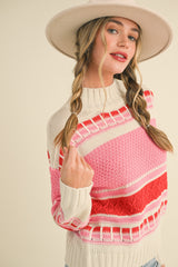Mock Neck Cable Detail Sweater Ivory Red Multi