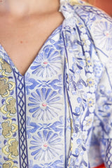 Fringe Detail Tassel Front Embroidered Floral Tile Top Purple
