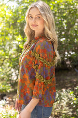 3/4 Sleeve Ruffle Detail Color Block Printed Top Olive