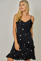 Asymmetric Ruffle Floral Embroidered Mini Dress Black
