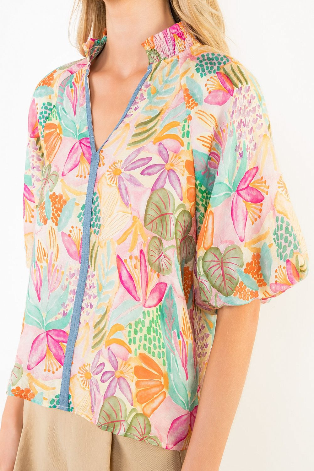 Watercolor Tropics Puff Sleeve Top Pink