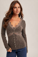 Lace Trim Detailed Long Sleeve Rib Top Washed Black