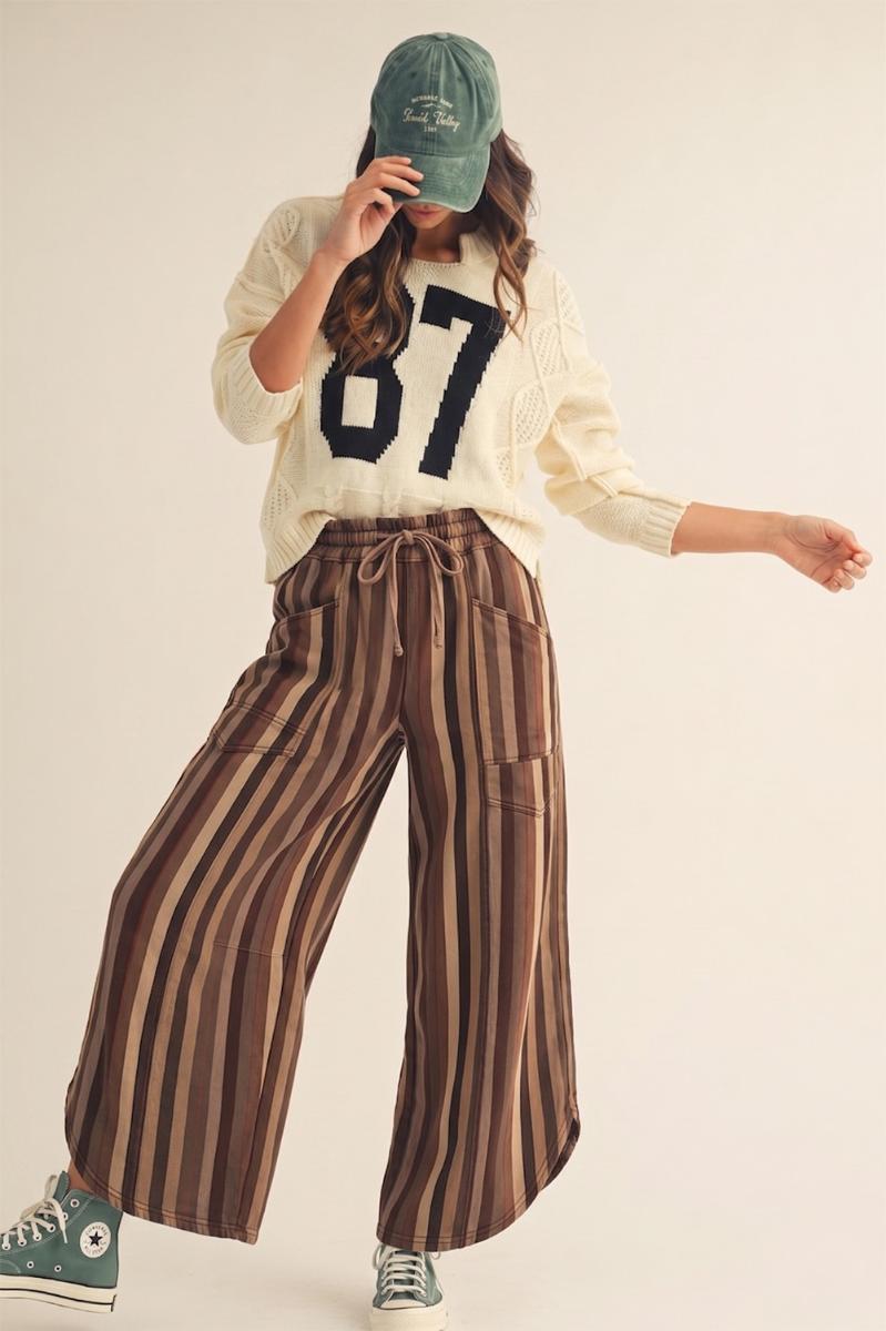 Stripe Tulip Hem Washed Denim Pants Mocha Mousse