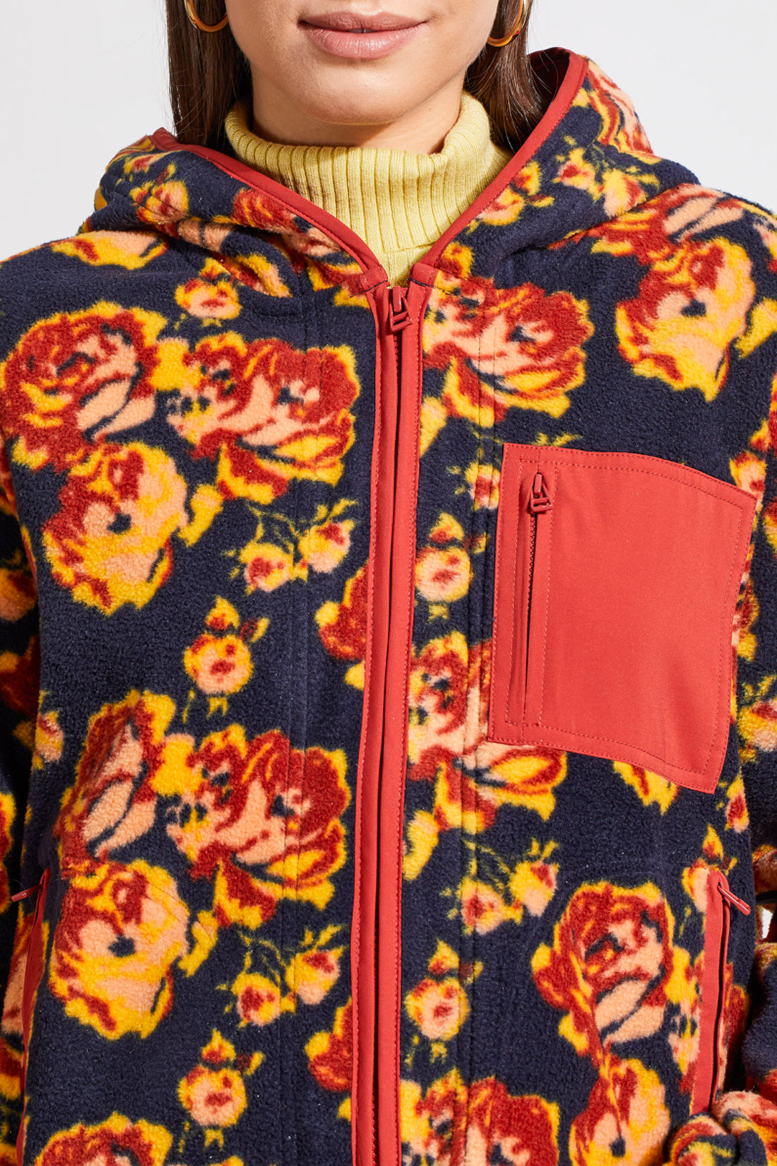 Fleece Floral Contrast Pocket Zip Jacket Night Sky
