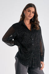 Textured Stripe Glitter Button Down Shirt Black Specs