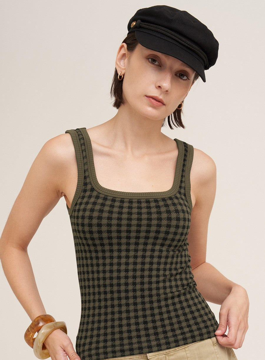 Checked Square Neck Tank Earth Olive