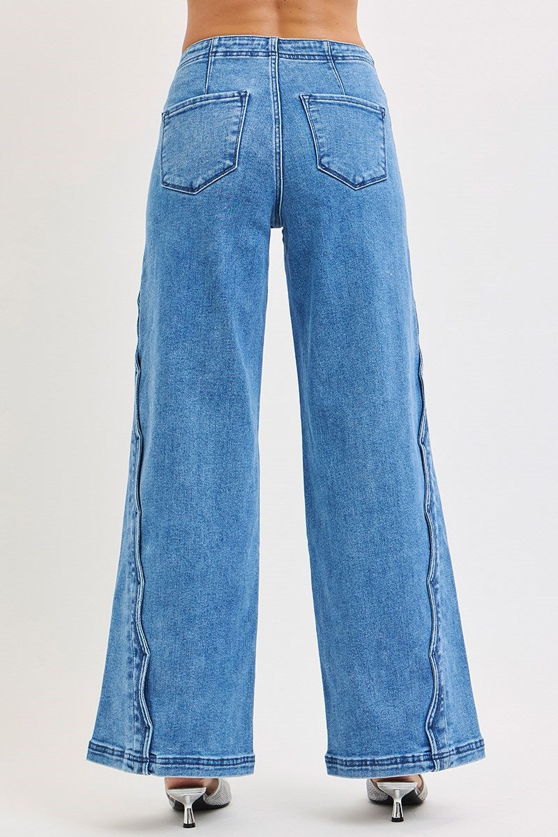 High Rise Wide Leg With Scalloped Edge Detail Solid Medium
