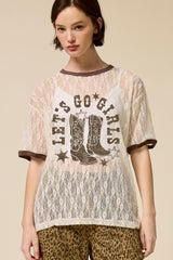 Let's Go Girls Sheer Lace Graphic Top Bone