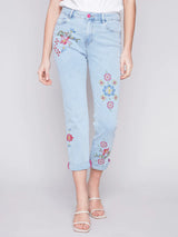 Five Pocket Embroidered Jeans Bleach Blue
