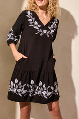 Elbow Sleeve Embroidered Ruffle Hem Dress Black