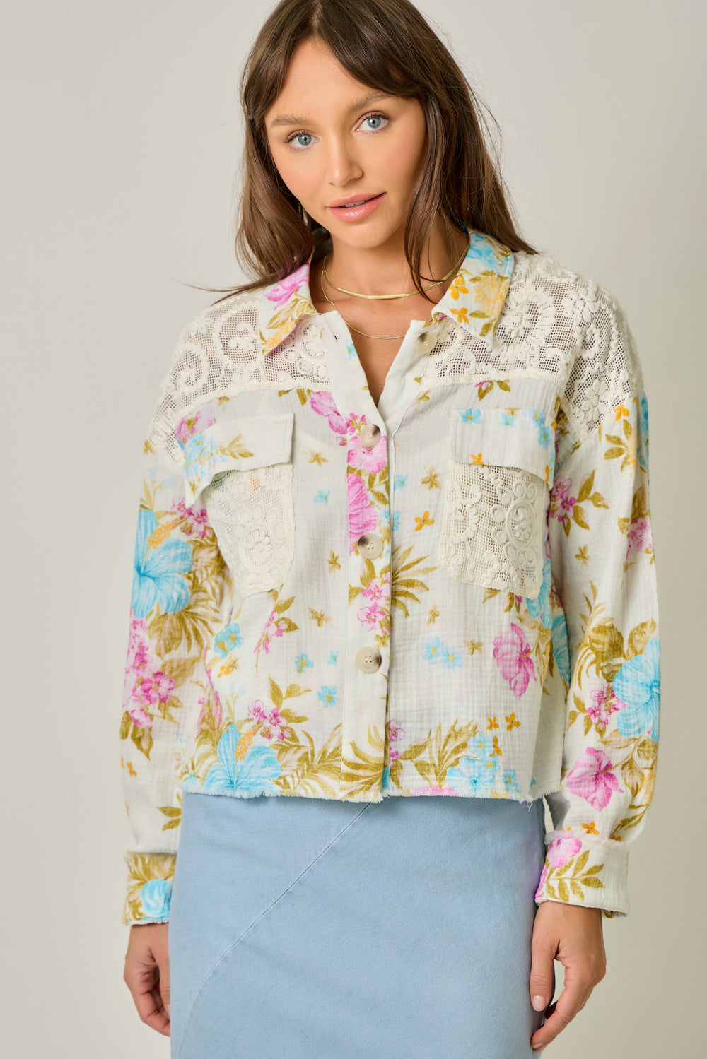 Floral & Lace Combo Mix Media Jacket White Mix