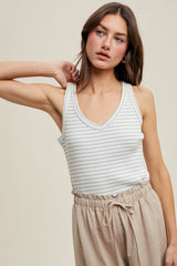 Stripped Rob Knit Vneck Tank Top Medium Blue + Cream