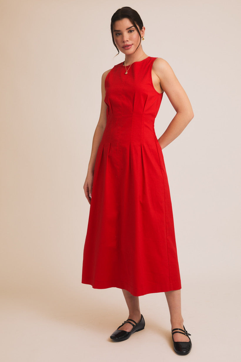 Sleeveless Pleated Stretch Twill Midi Dress Red