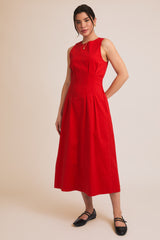 Sleeveless Pleated Stretch Twill Midi Dress Red