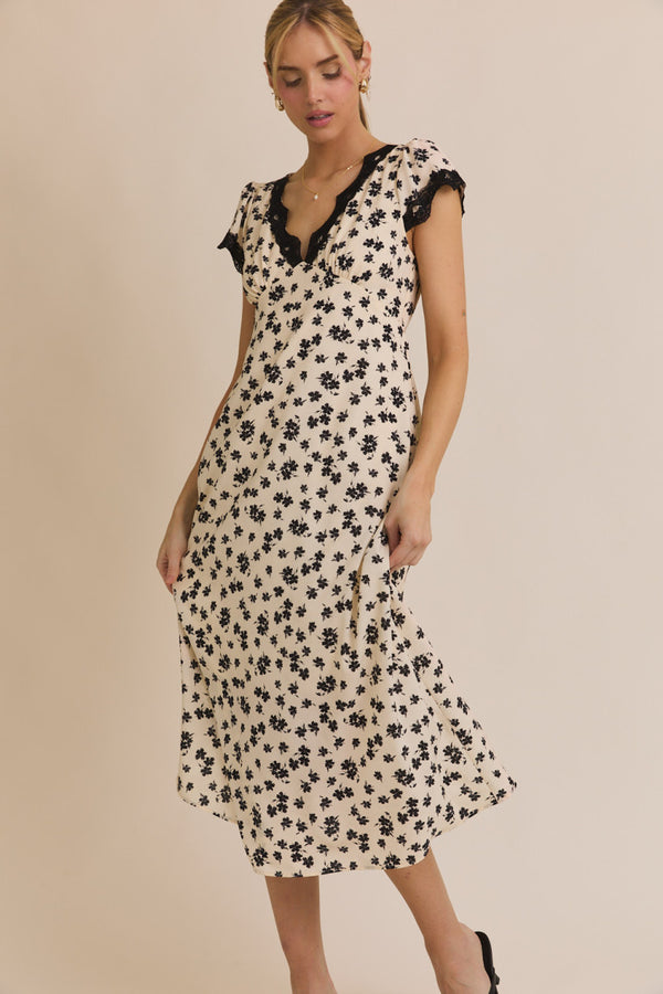 Vneck Short Sleeve Lace Trim Floral Print Midi Dress Cream + Black