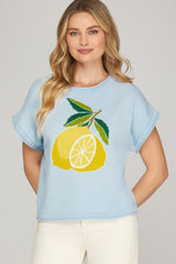 Lemon Knit Drop Sleeve Sweater Top Light Blue