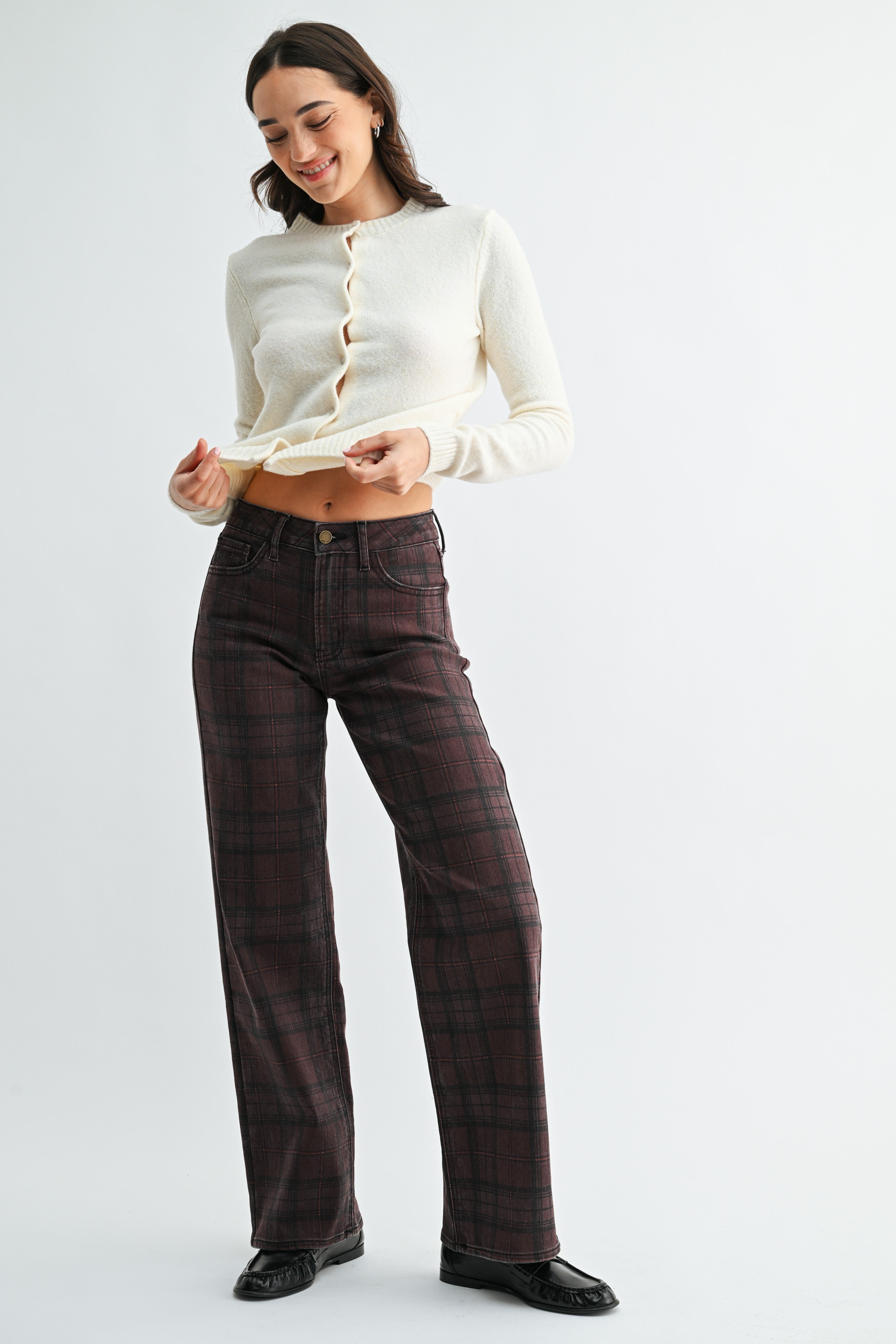 High Rise Full Length Straight Denim Pants Dark Burgundy Plaid
