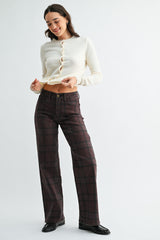 High Rise Full Length Straight Denim Pants Dark Burgundy Plaid